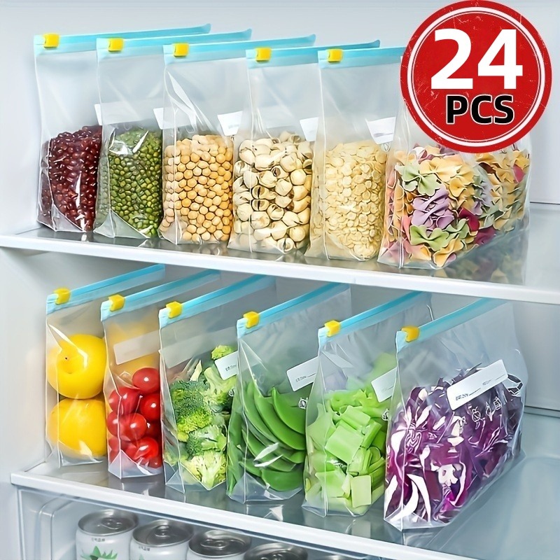 Reusable Produce Bag - 24 stuks herbruikbare ziplock-voedselbewaarzakken, lekvrije diepvrieszakken